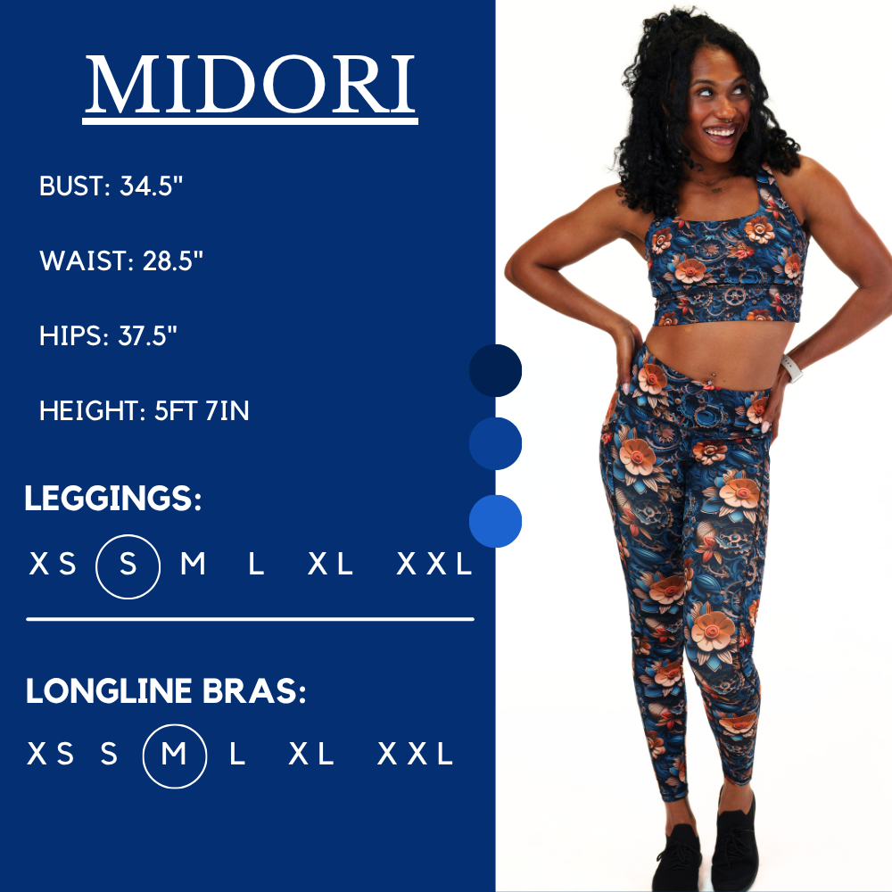 Model’s measurements of 34.5” bust, 28.5” waist, 37.5” hips and height of 5 ft 7 inches. She is wearing a size small in our leggings