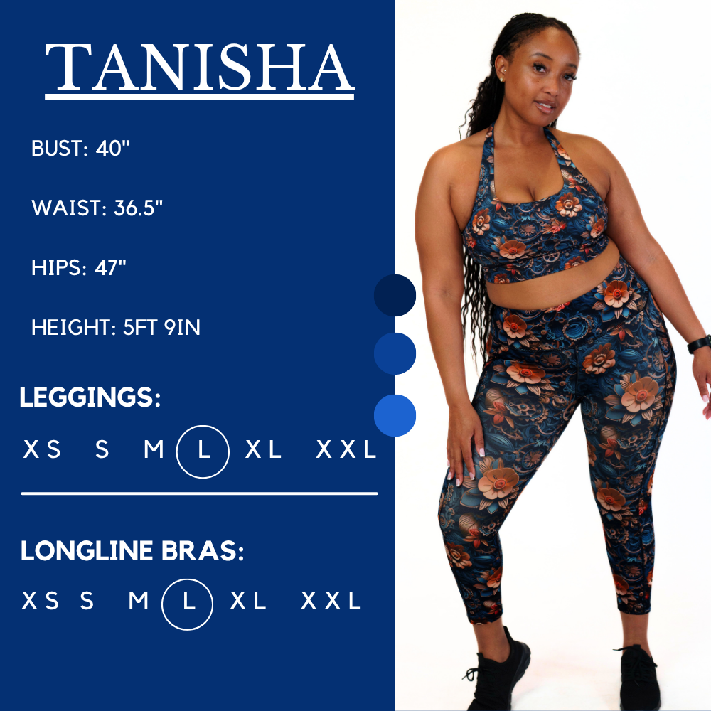 Graphic showing the measurements of a model and what size she wears for the dress. Her bust is 43 inches, waist is 41 inches, hips are 48 inches, and height is 5 foot and 9.5 inches. She wears a large in our leggings and sports bras