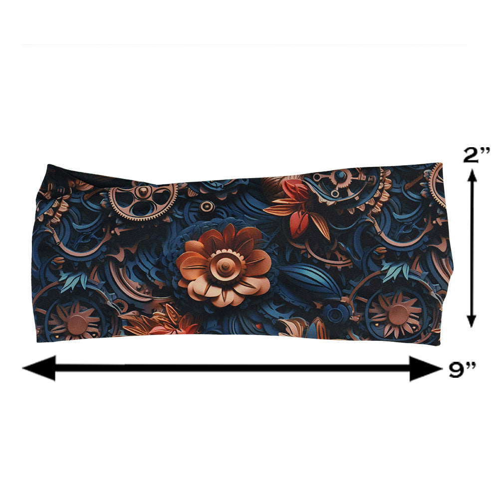 mechanical flower print headband measured at 2 by 9 inches