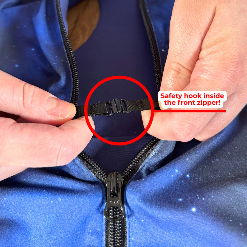 close up of the safety hook inside the front zipper of the dress