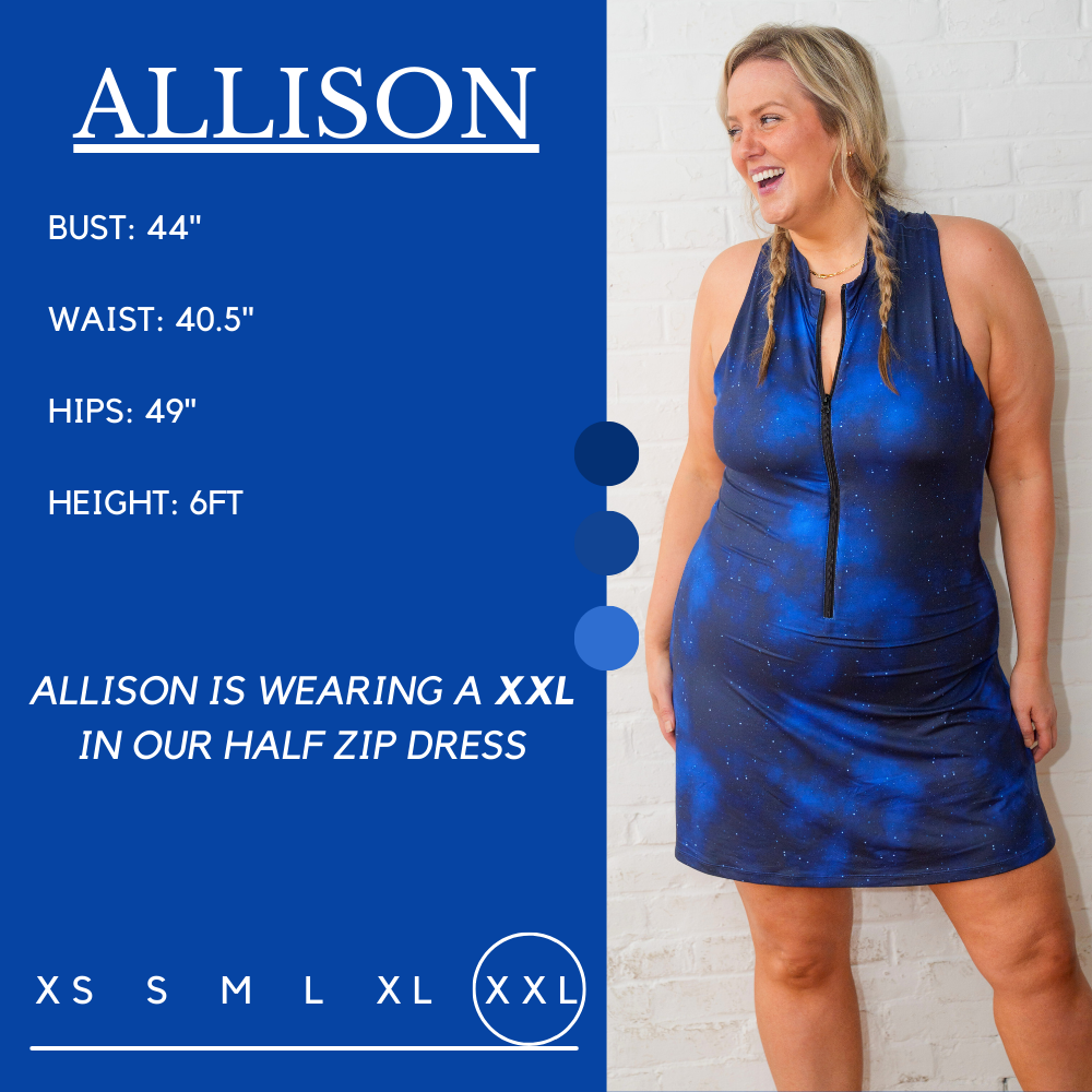 Model's measurements of 44 inch bust, 40.5 inch waist, 49 inch hips, and height of 6 foot. She is wearing a size xx-large in our half zip dress