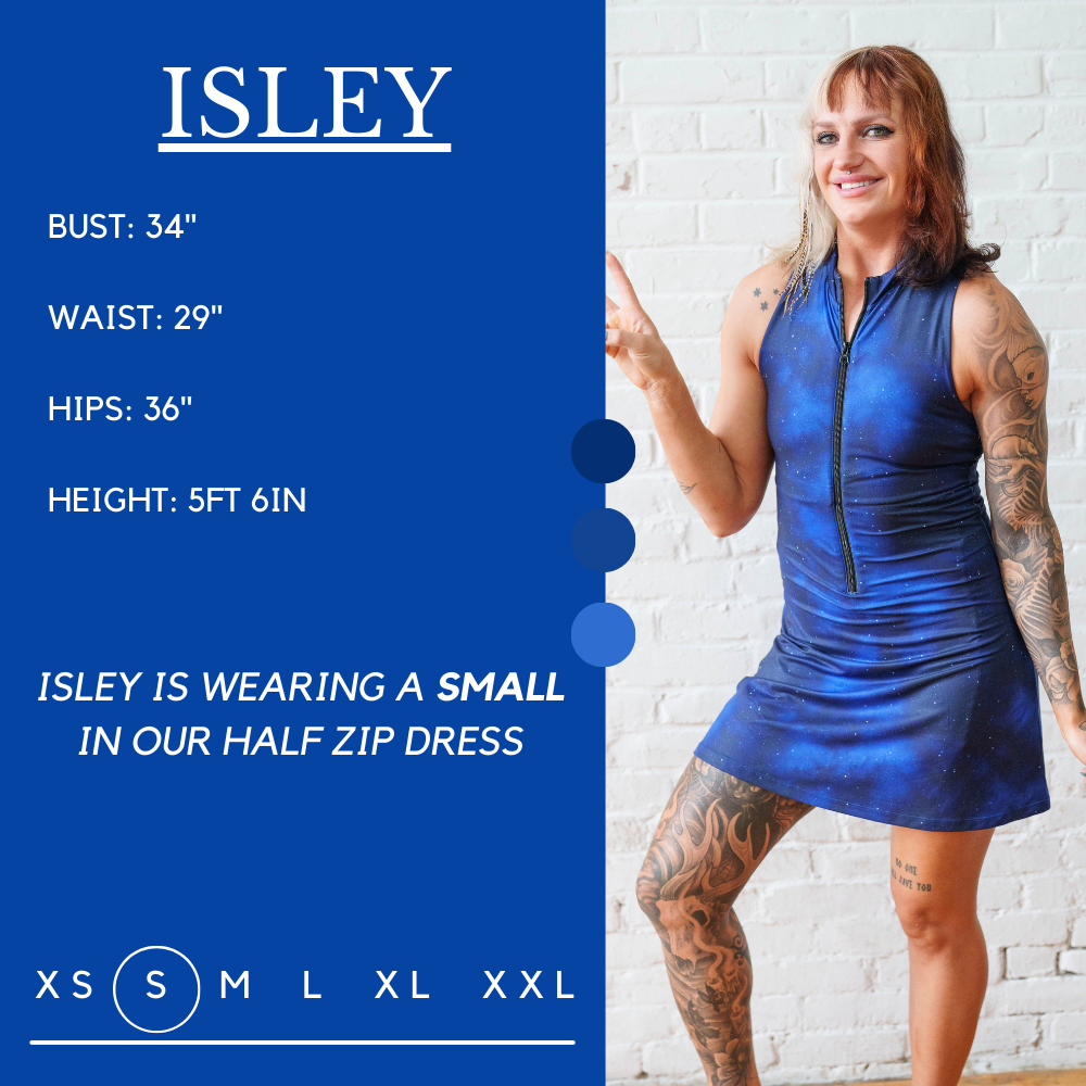Model’s measurements of 34” bust, 29” waist, 36” hips and height of 5 ft 6 inches. She is wearing a size small in our half zip dress