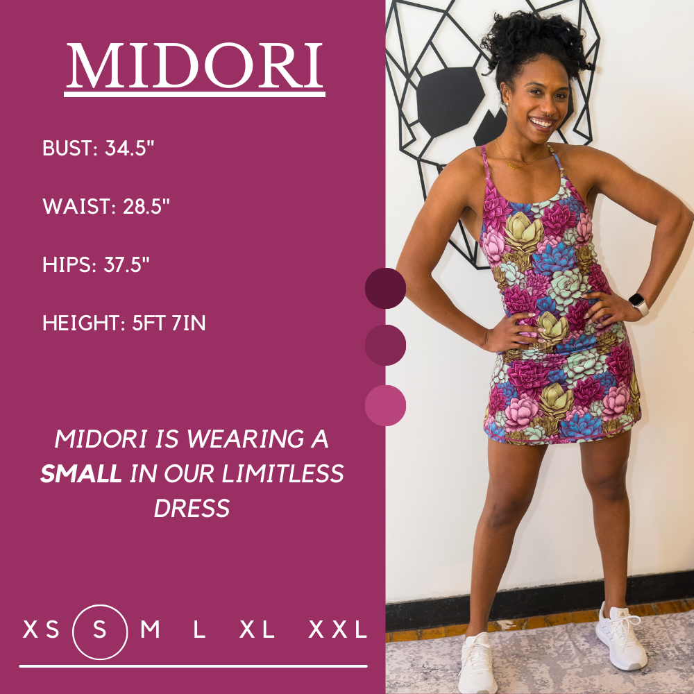 Model’s measurements of 34.5” bust, 28.5” waist, 37.5” hips and height of 5 ft 7 inches. She is wearing a size small in our dress