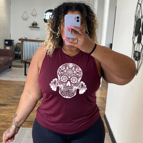 maroon "Sugar Barbell Skull" Muscle Tank