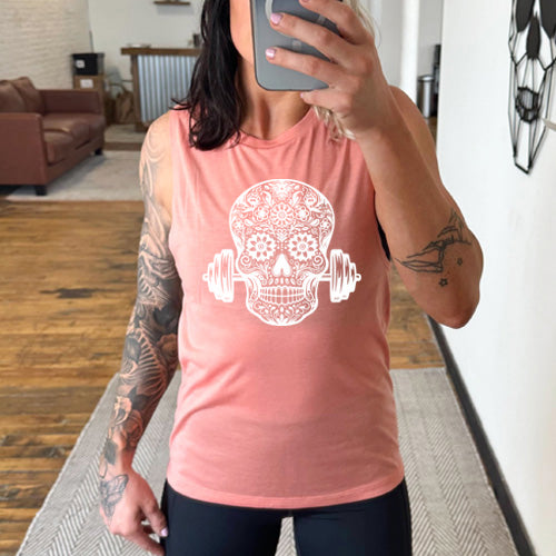 peach "Sugar Barbell Skull" Muscle Tank