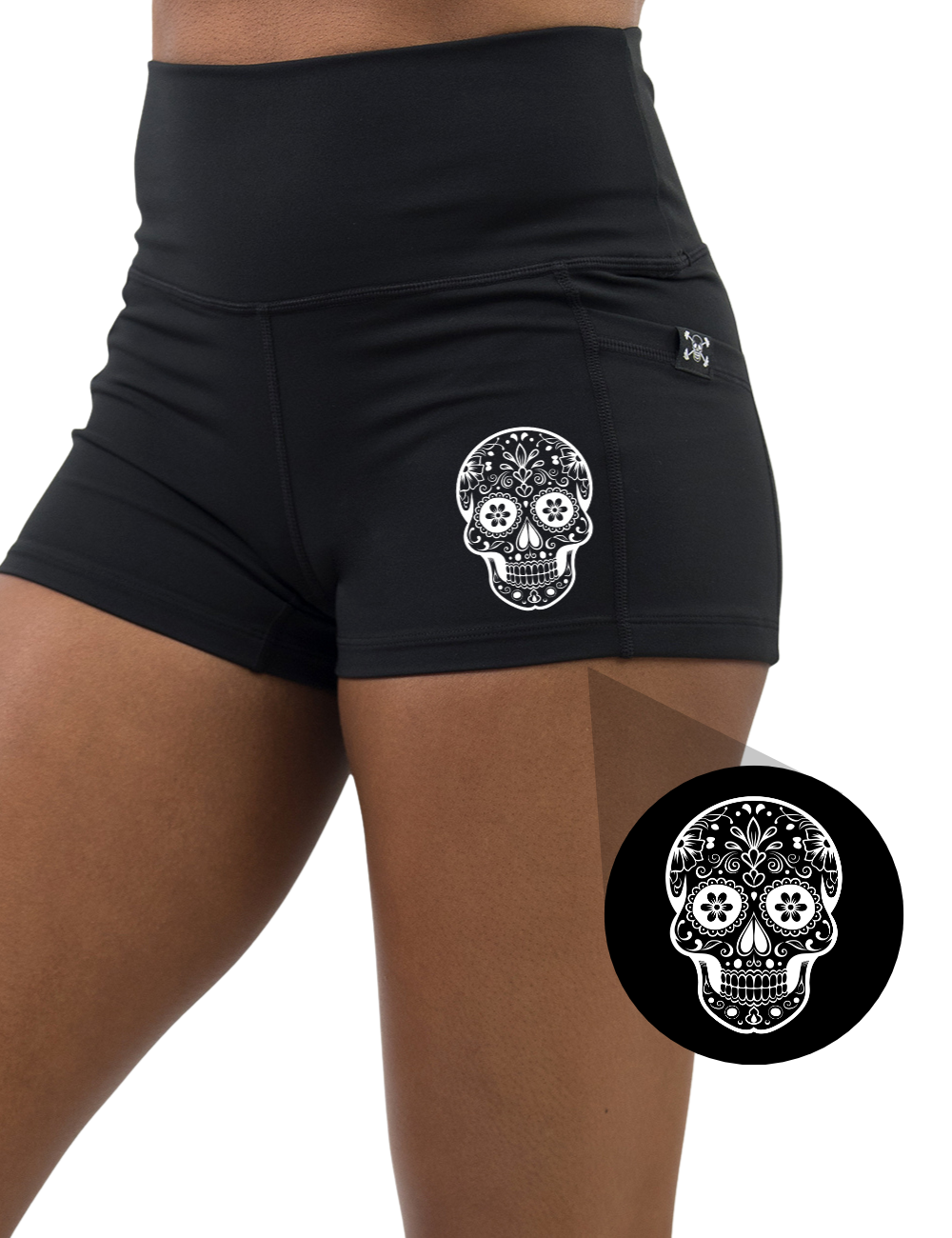 front of the skull outline 2.5 inch black shorts against a white background