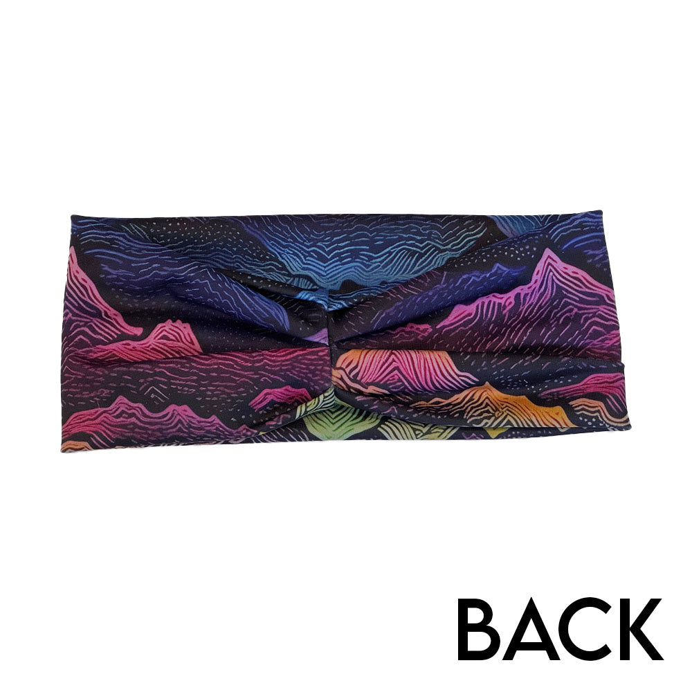 back of the colorful mountain print headband