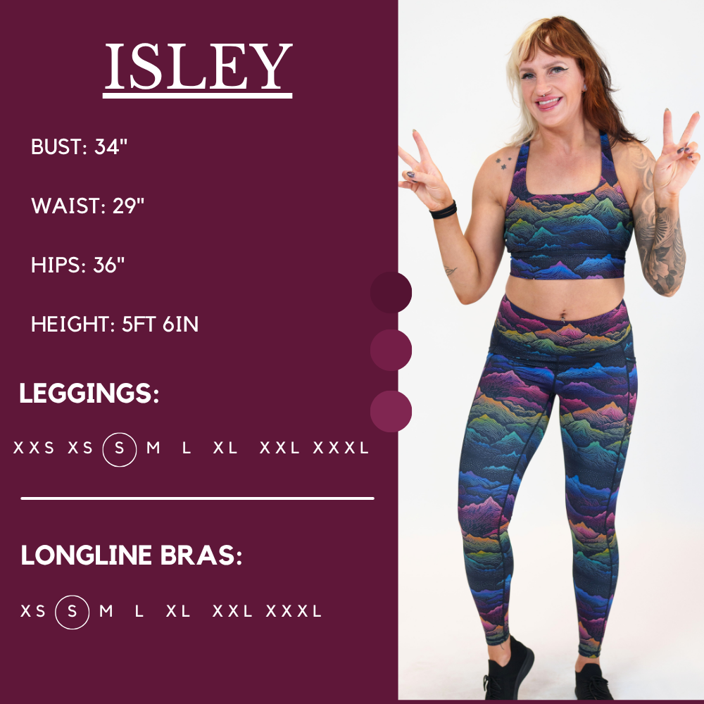 Model’s measurements of 34” bust, 29” waist, 36” hips and height of 5 ft 6 inches. She is wearing a size small in our leggings