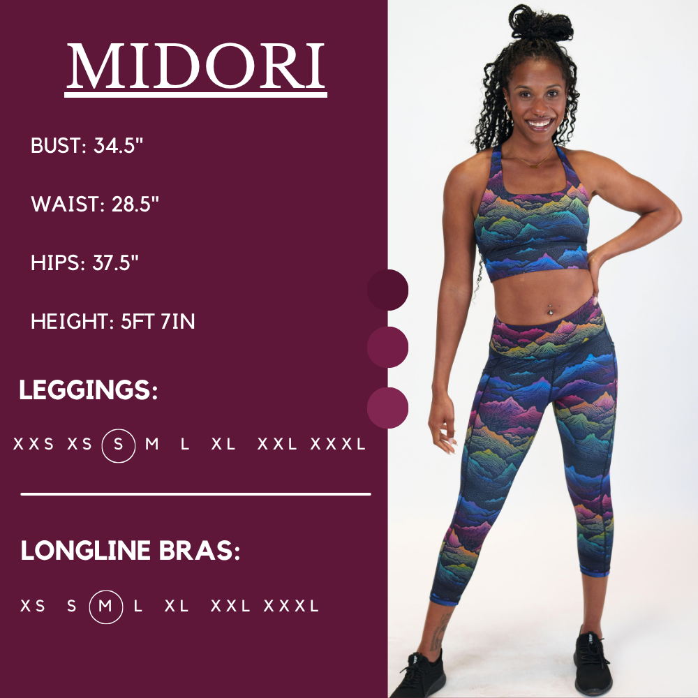 Model’s measurements of 34.5” bust, 28.5” waist, 37.5” hips and height of 5 ft 7 inches. She is wearing a size small in our leggings