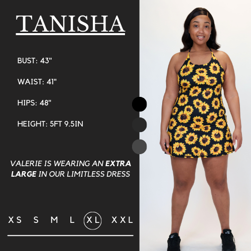 Model's measurements of 43 inch bust, 41 inch waist, 48 inch hips, and height of 5 foot and 9.5 inches. She is wearing a xl in the dress