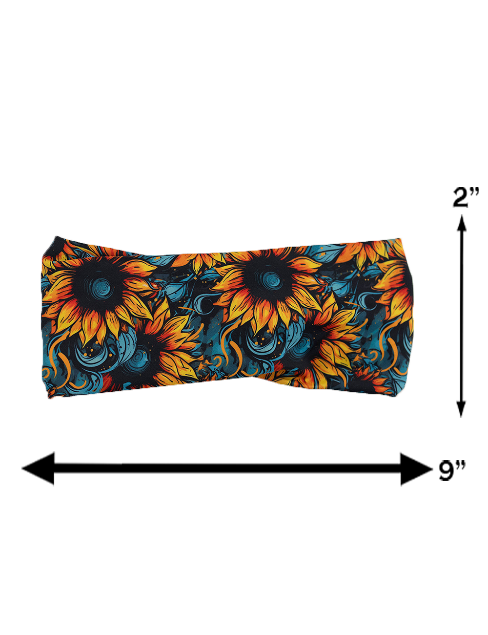 measurement chart for the sunflower headband, measurements include 2 inches by 9 inches
