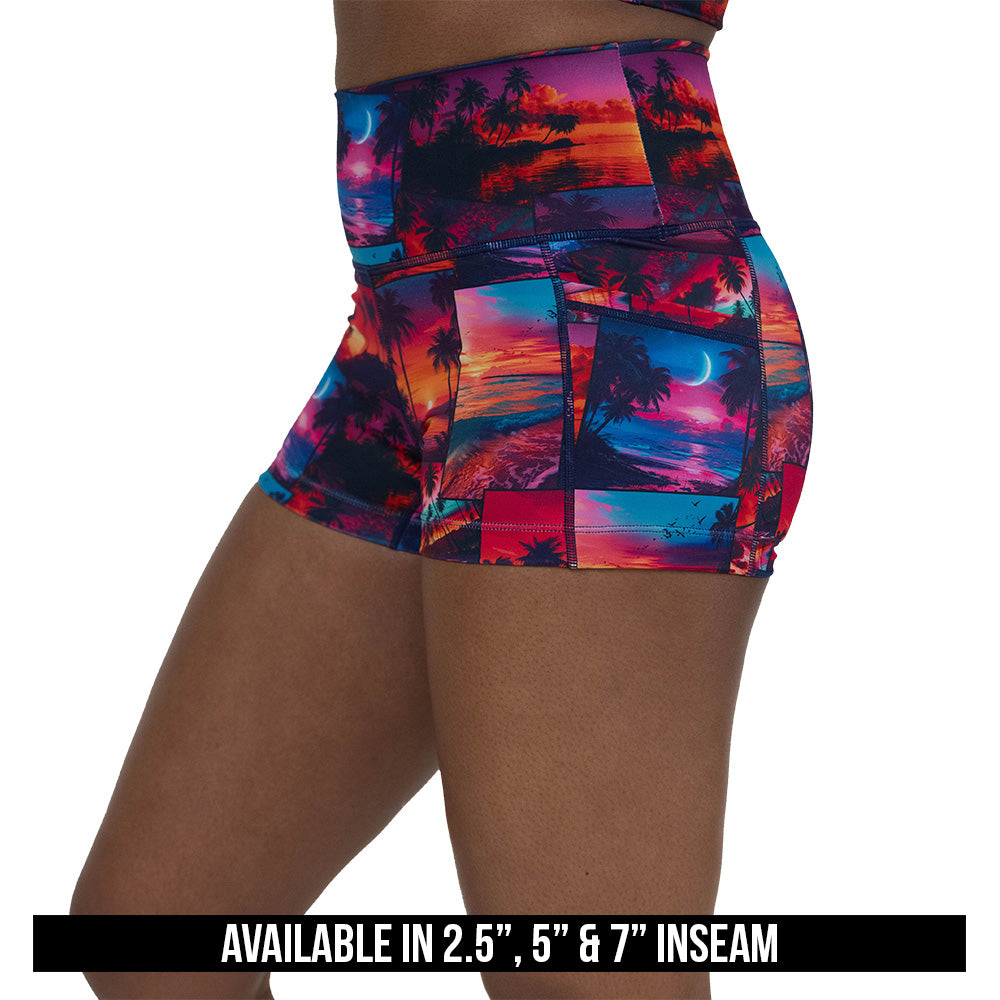 sunset patterned shorts available in 2.5, 5 & 7 inch inseams