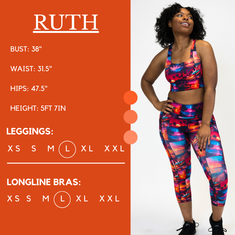 Model’s measurements of 37.5” bust, 31.5” waist, 47.5” hips and height of 5 ft 7 inches. She is wearing a size extra large in our leggings