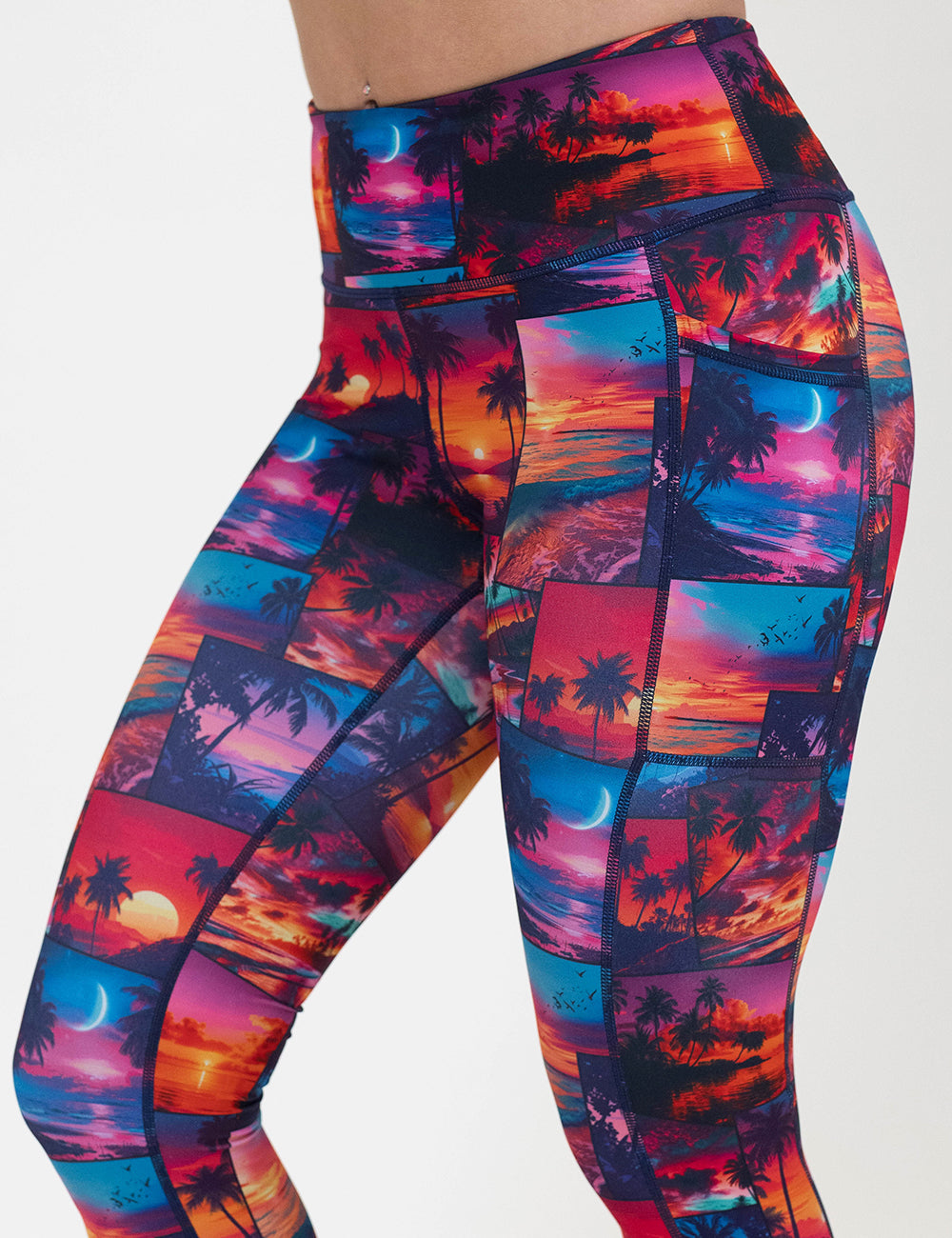 front of the sunset patterned leggings against a white background
