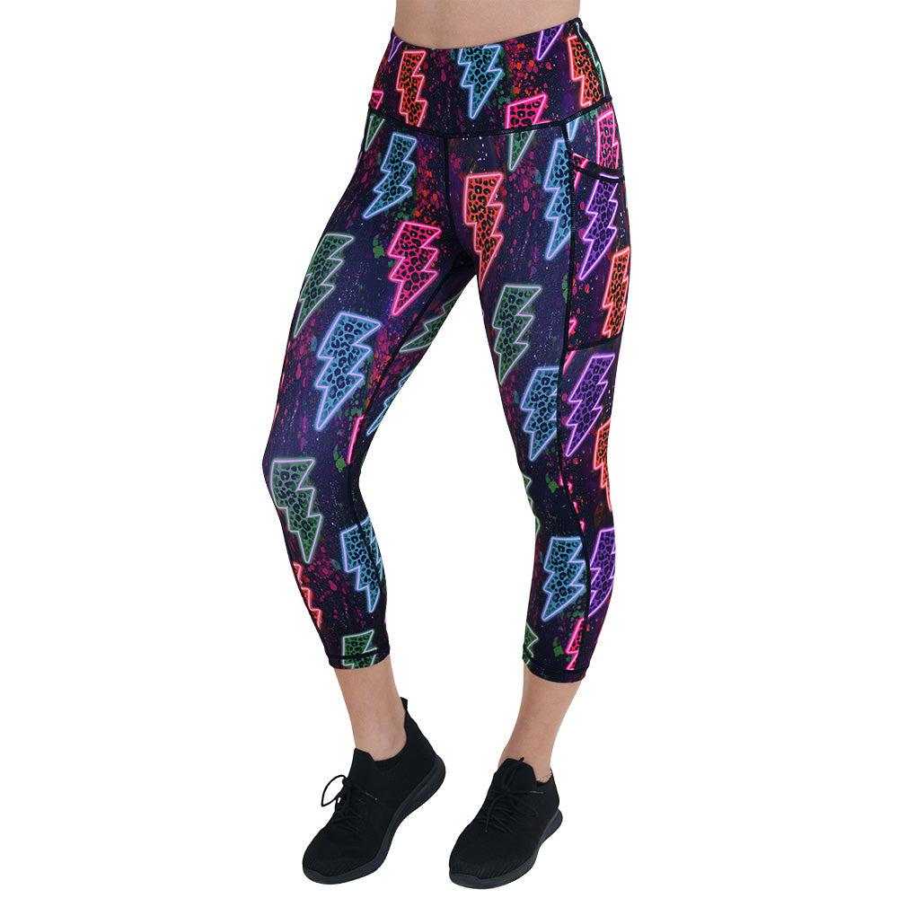 capri length neon thunderbolts patterned leggings