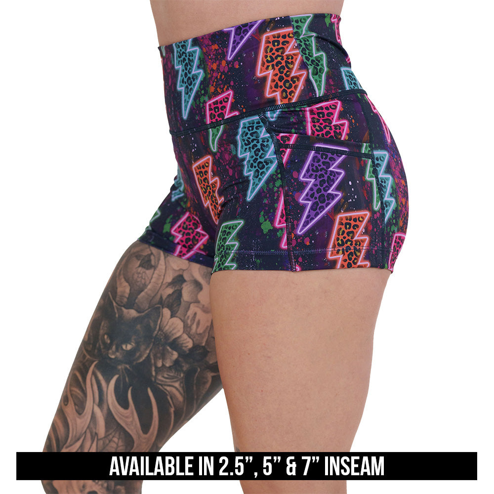 neon thunderbolts patterned shorts available in 2.5, 5 & 7 inch inseams