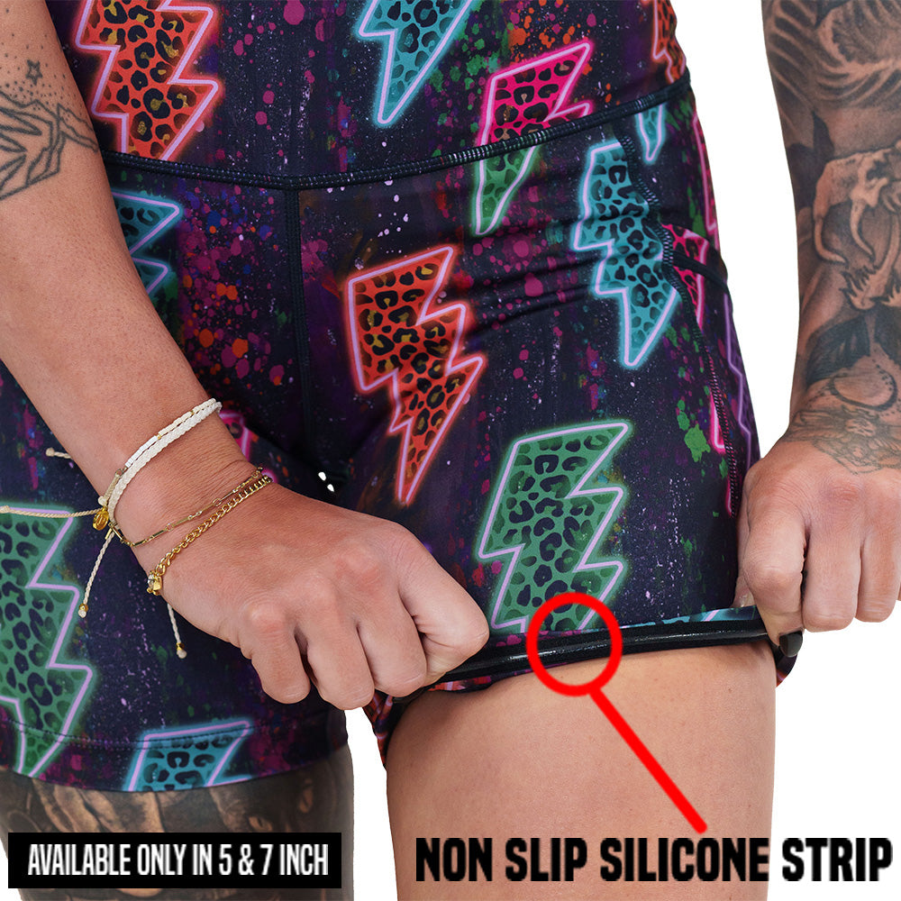 non slip strip on the neon thunderbolts patterned shorts