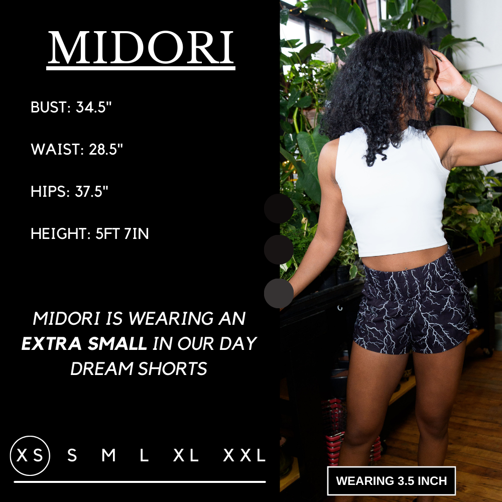 Model’s measurements of 34.5” bust, 28.5” waist, 37.5” hips and height of 5 ft 7 inches. She is wearing a size extra small in our day dream shorts
