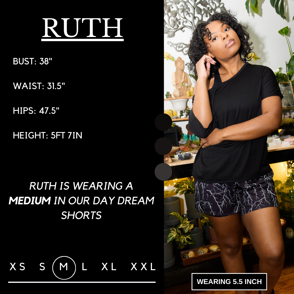 Model’s measurements of 38” bust, 31.5” waist, 47.5” hips and height of 5 ft 7 inches. She is wearing a size medium in our day dream shorts