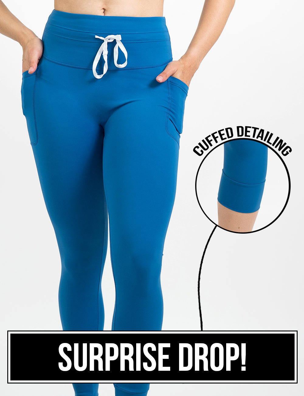 front of the blue omni style leggings with a white drawstring with a close up of the cuffed detailing against a white background, surprise drop