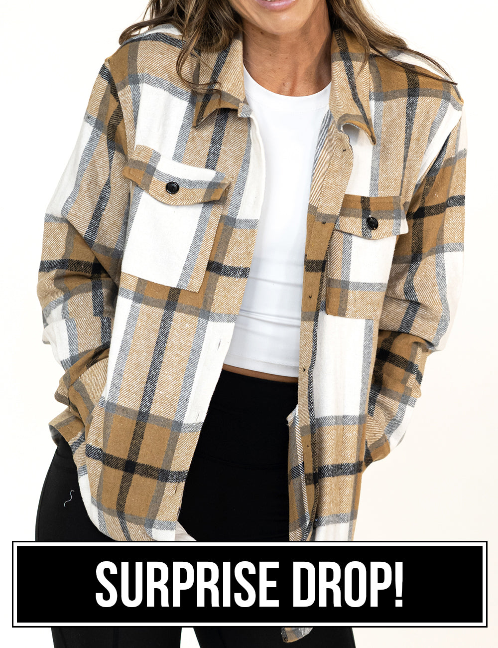 front of the khaki plaid shacket surprise drop