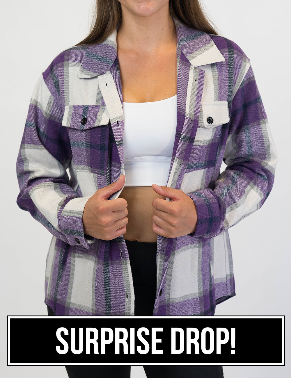 front of the purple plaid shacket surprise drop