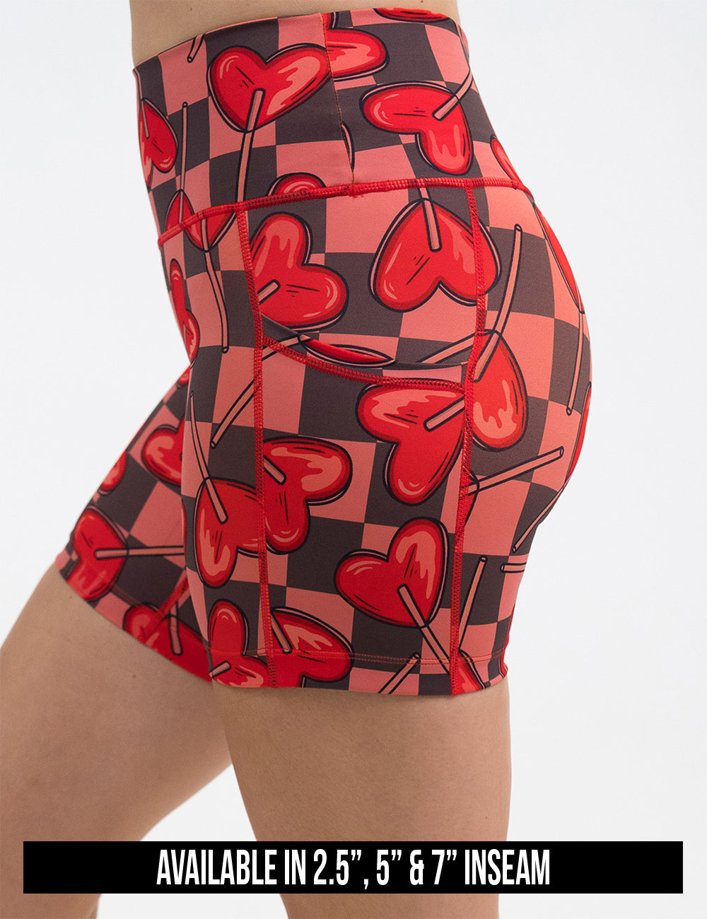 available inseam lengths for the heart lollypops on a checker board pattern shorts, lengths include 2.5, 5, and 7 inches