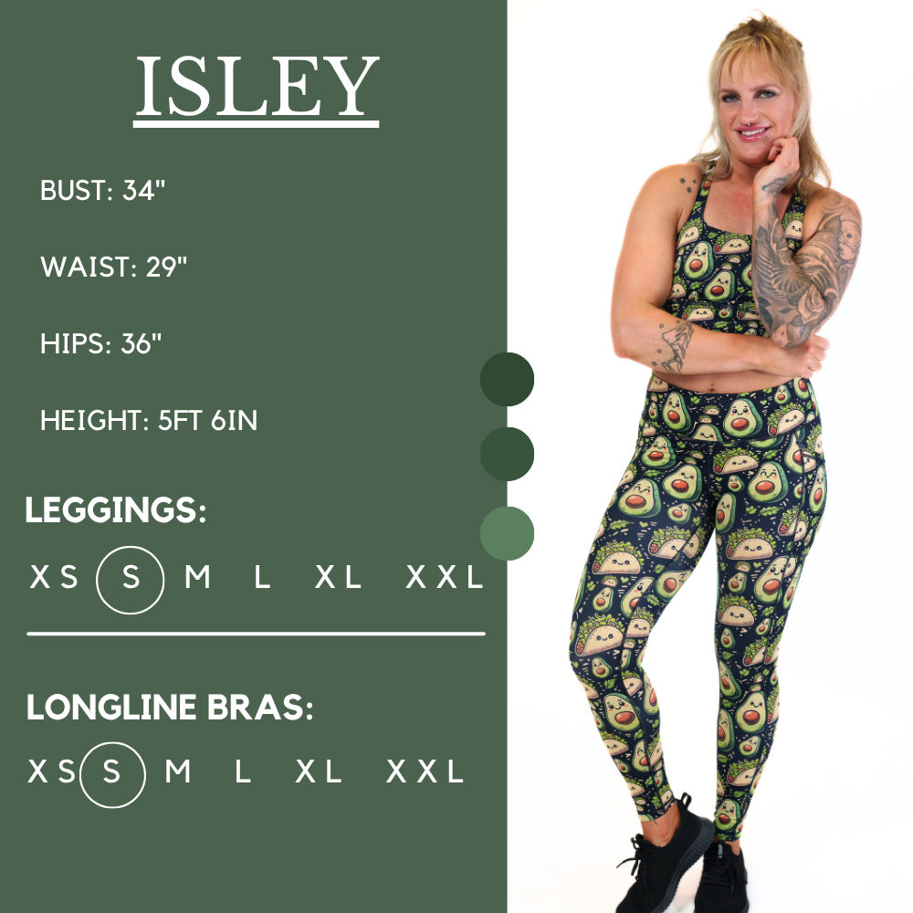 Model’s measurements of 34” bust, 29” waist, 36” hips and height of 5 ft 6 inches. She is wearing a size small in our leggings