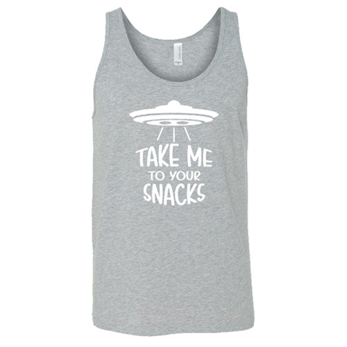 grey unisex shirt with a white quote on it that says "take me to your snacks" with a ufo on top of it