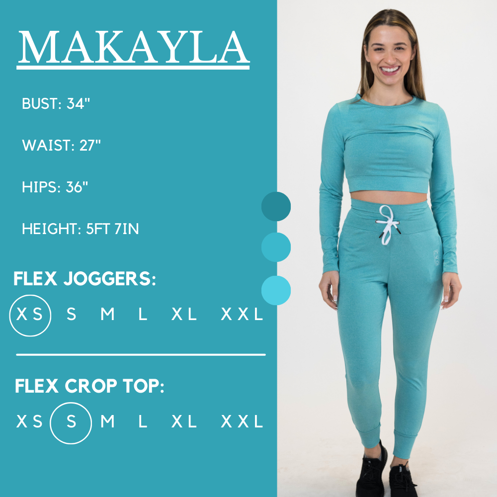 Model’s measurements of 34” bust, 27” waist, 36” hips and height of 5 ft 7 in. She is wearing a size x-small in our flex joggers and a size small in our flex crop top
