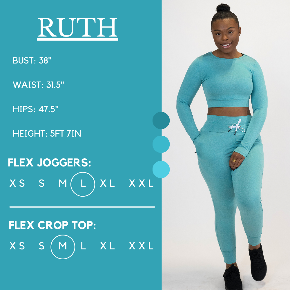 Model’s measurements of 38” bust, 31.5” waist, 47.5” hips and height of 5 ft 7 inches. She is wearing a size large in our flex joggers and a size medium in our flex crop top