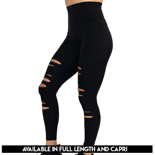 ripped black leggings available in capri and full length
