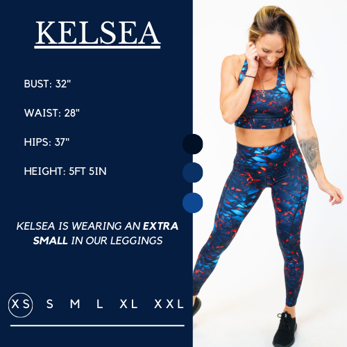 Model’s measurements of 32” bust, 28” waist, 37” hips and height of 5 ft 5 inches. She is wearing a size extra small in our leggings