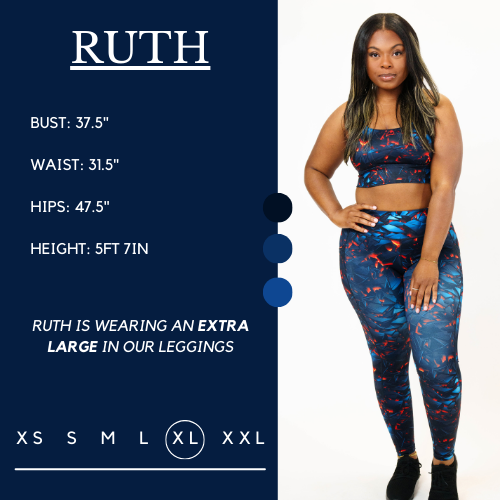 Model’s measurements of 37.5” bust, 31.5” waist, 47.5” hips and height of 5 ft 7 inches. She is wearing a size extra large in our leggings