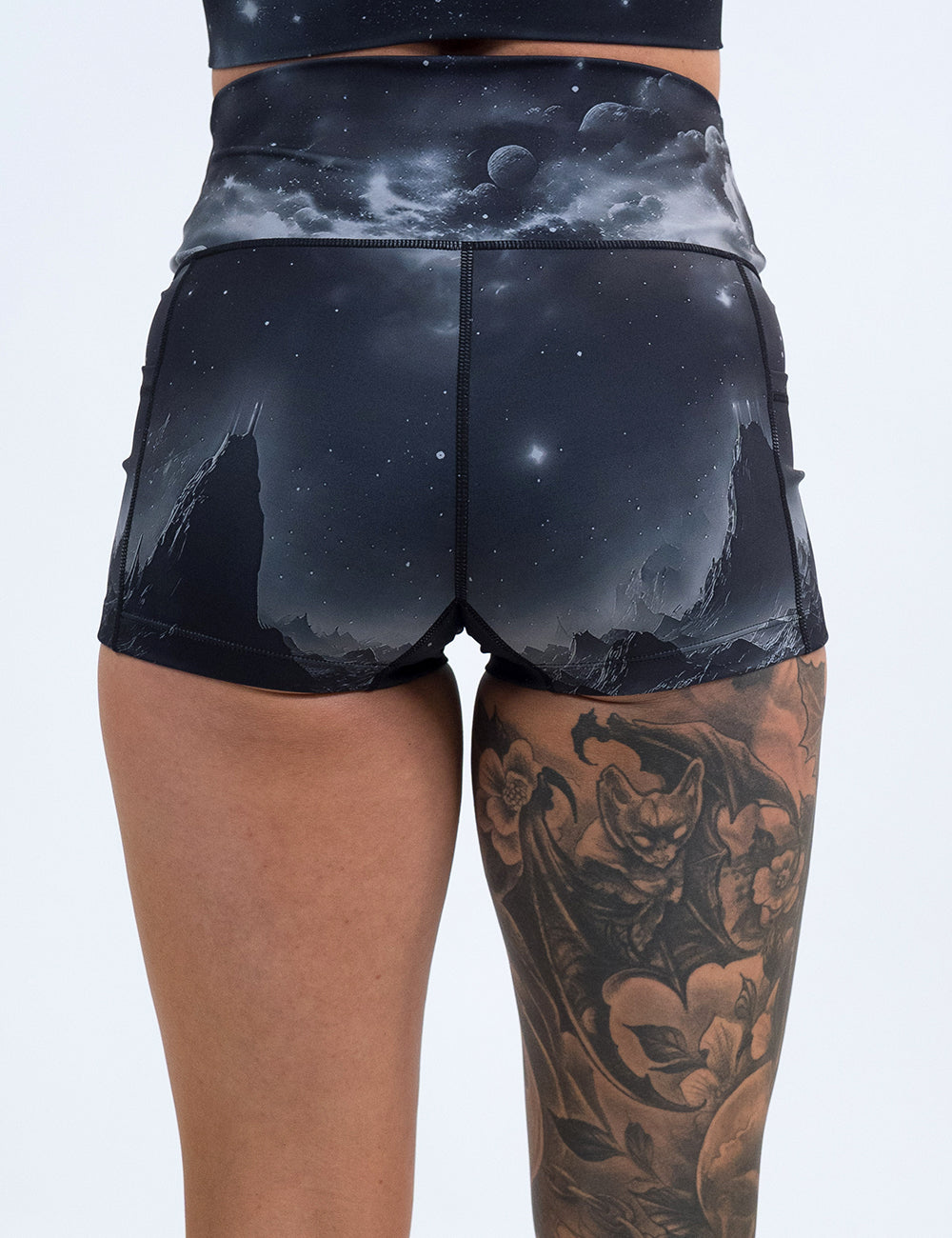 back of the dark mountains in space 2.5 inch shorts against a white background