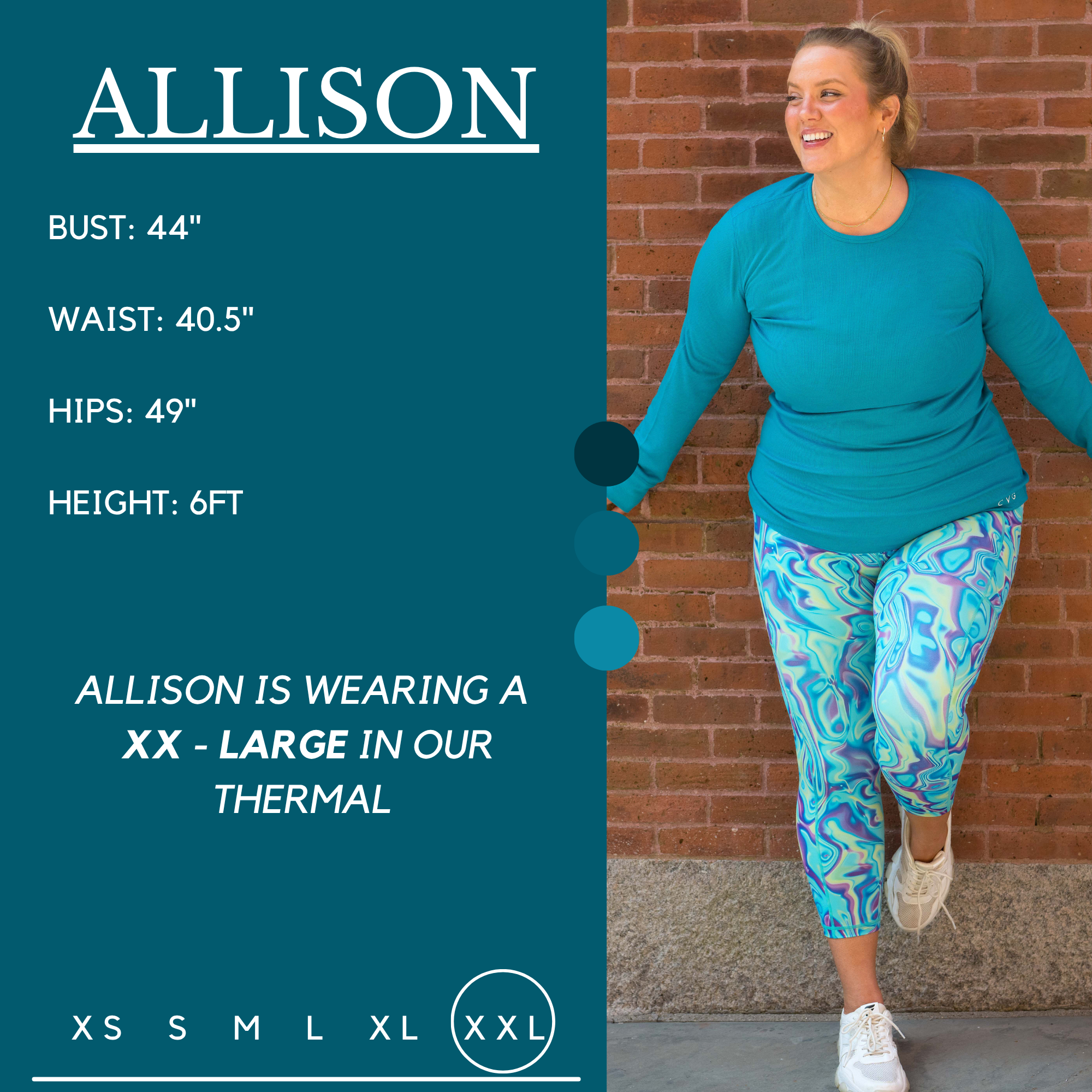 Model's measurements of 44 inch bust, 40.5 inch waist, 49 inch hips, and height of 6 foot. She is wearing a size xx-large in our thermal