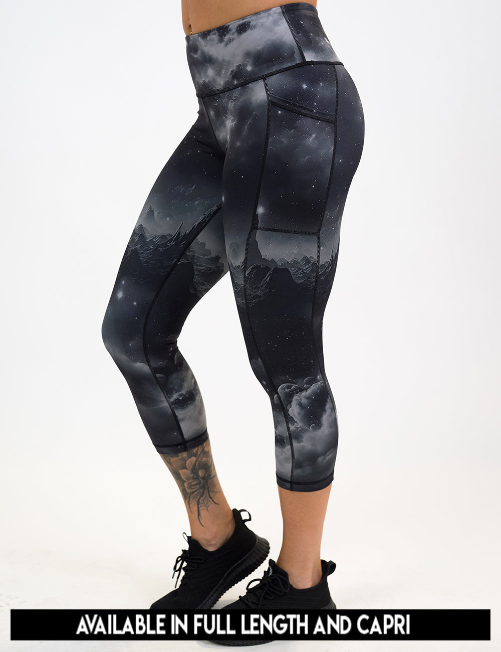available lengths for the black leggings with mountain and star pattern, lengths include full length and capri