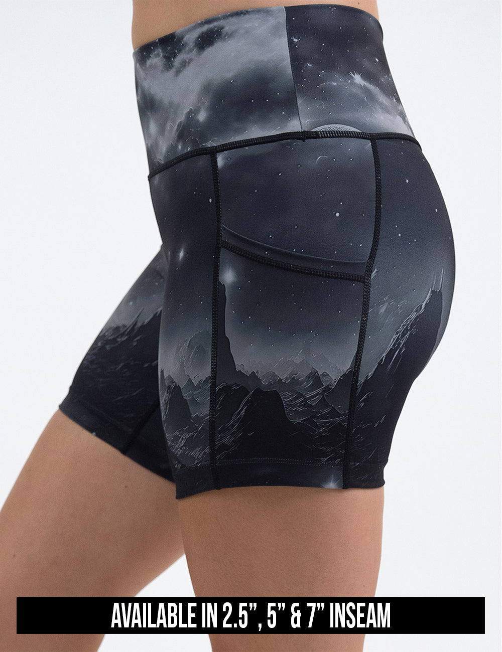 available lengths for the dark mountains in space shorts. Inseam lengths include 2.5, 5, and 7 inches