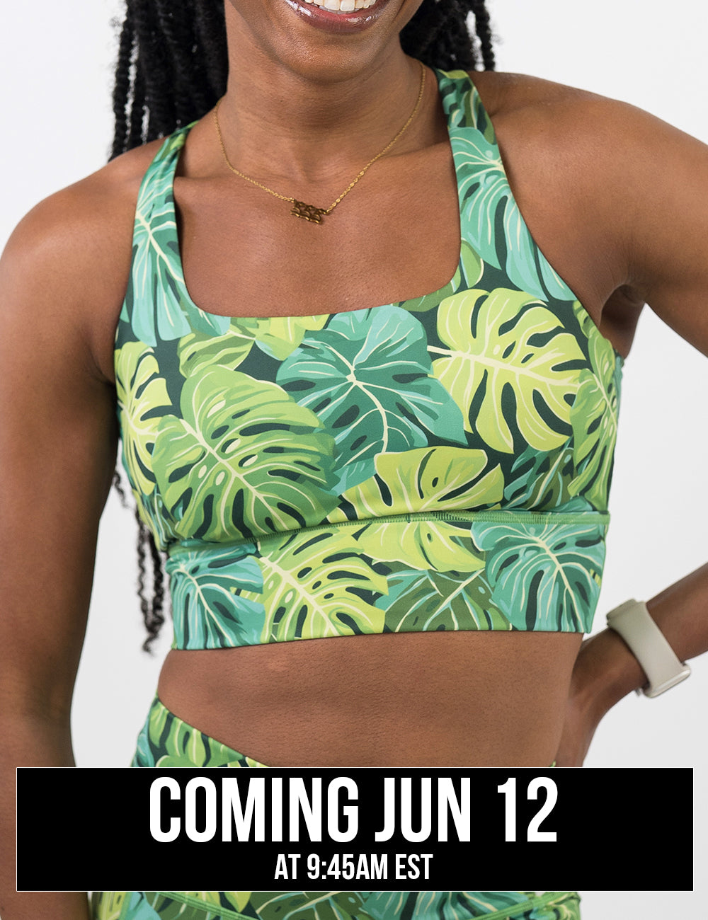 front of the green tropical leaves longline bra against a white background, coming june 12th