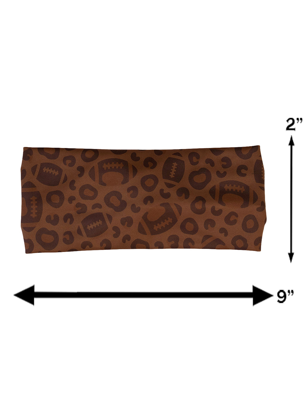 measurement chart for the football themed brown leopard print headband, measurements are 2 inches by 9 inches