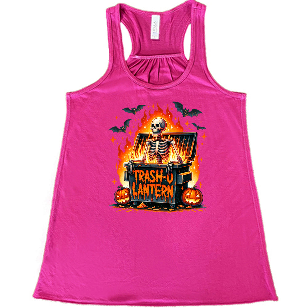 berry shirt with a skeleton graphic and the quote "trash-o lantern" on it