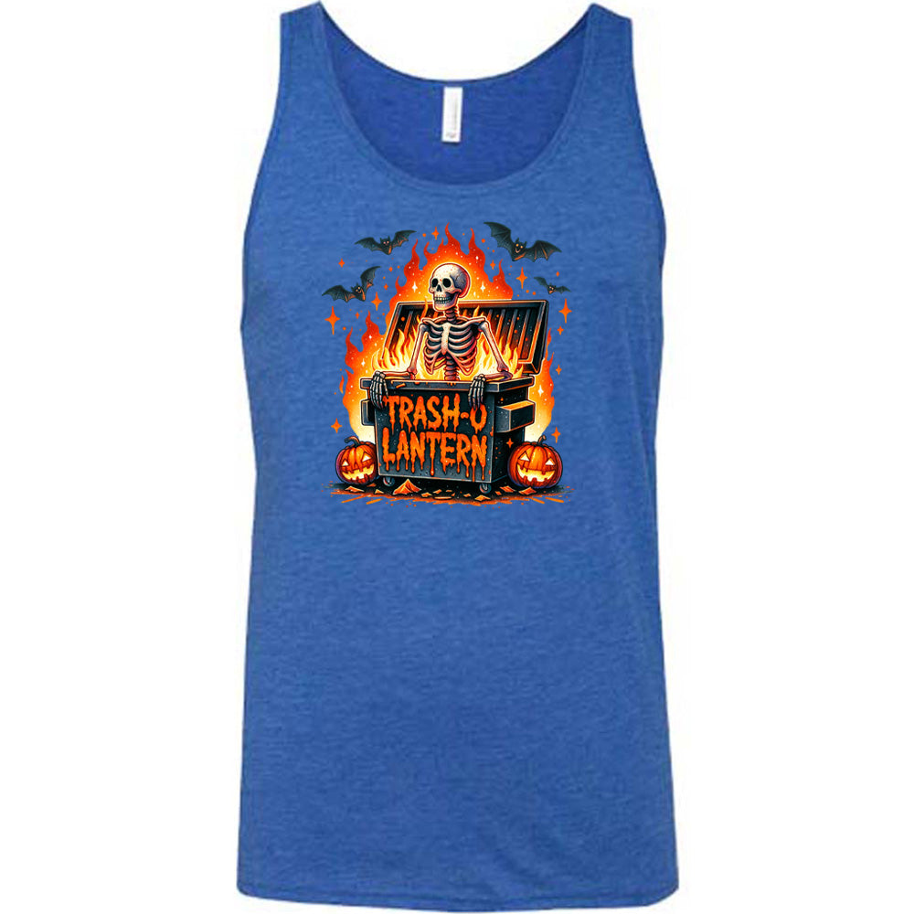 blue shirt with a skeleton graphic and the quote "trash-o lantern" on it
