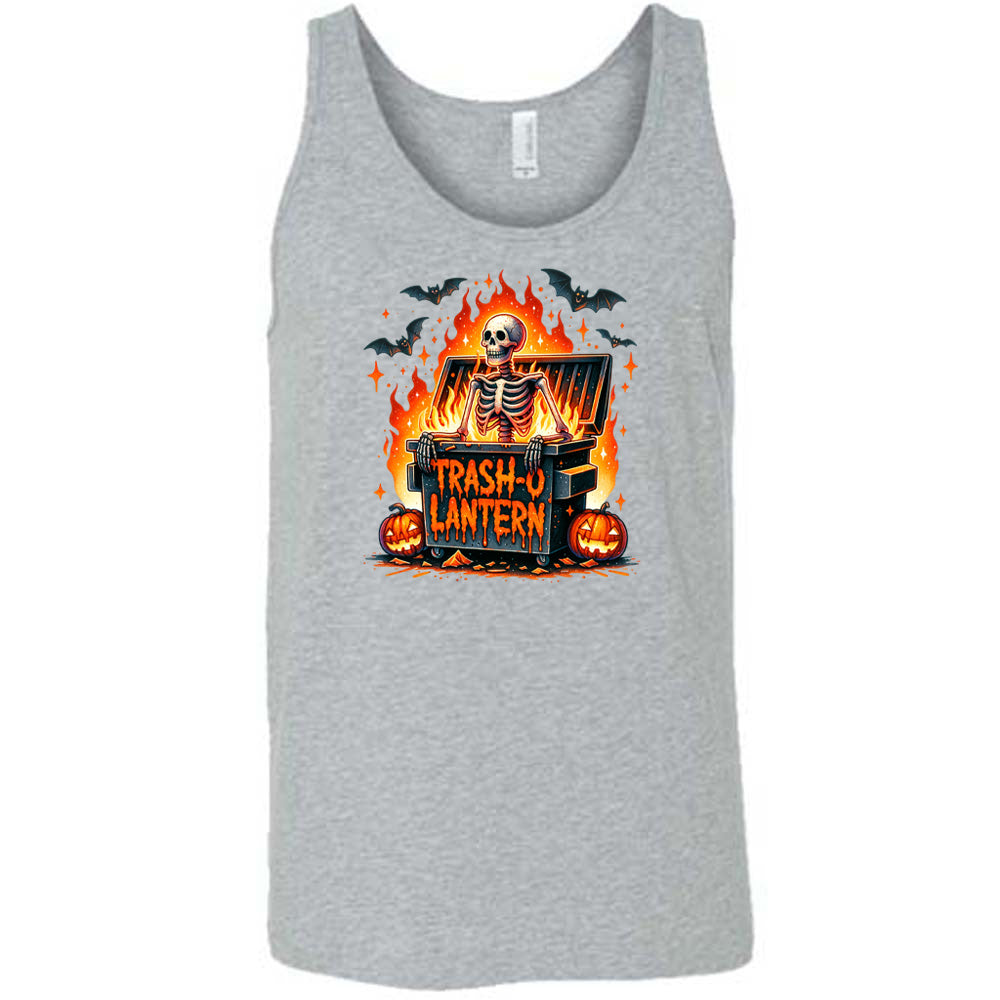 grey shirt with a skeleton graphic and the quote "trash-o lantern" on it