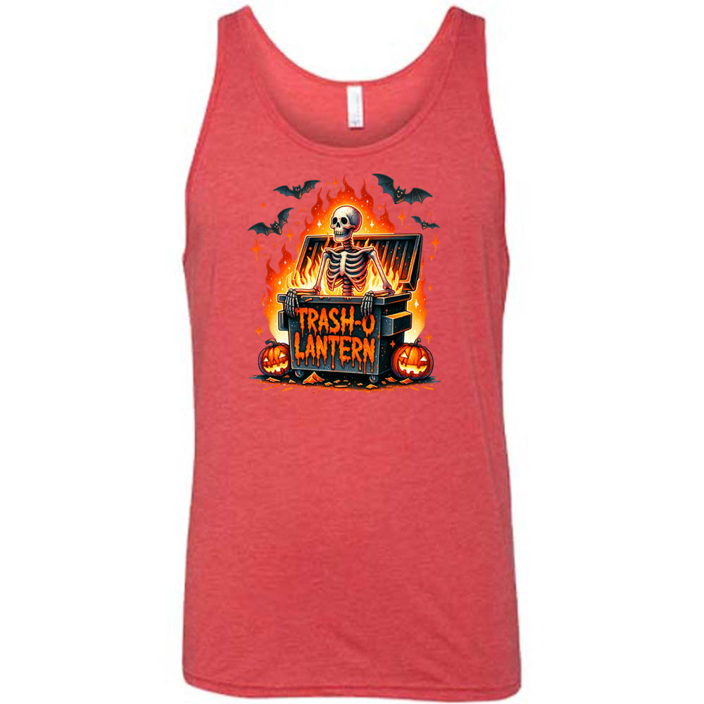 red shirt with a skeleton graphic and the quote "trash-o lantern" on it