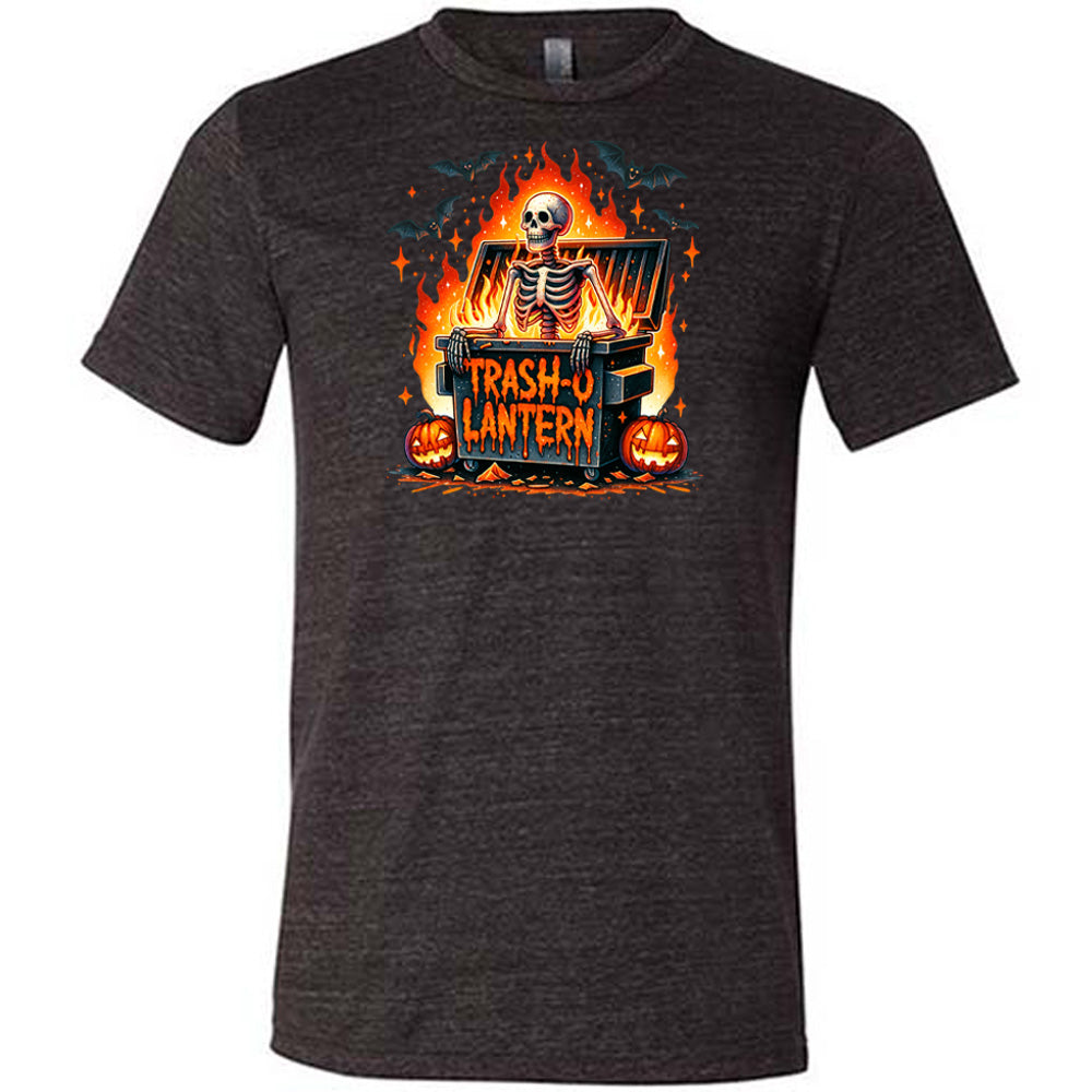 black shirt with a skeleton graphic and the quote "trash-o lantern" on it