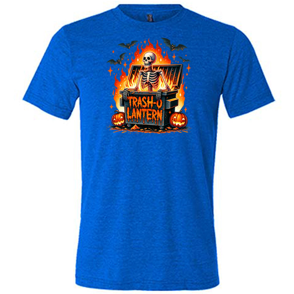blue shirt with a skeleton graphic and the quote "trash-o lantern" on it