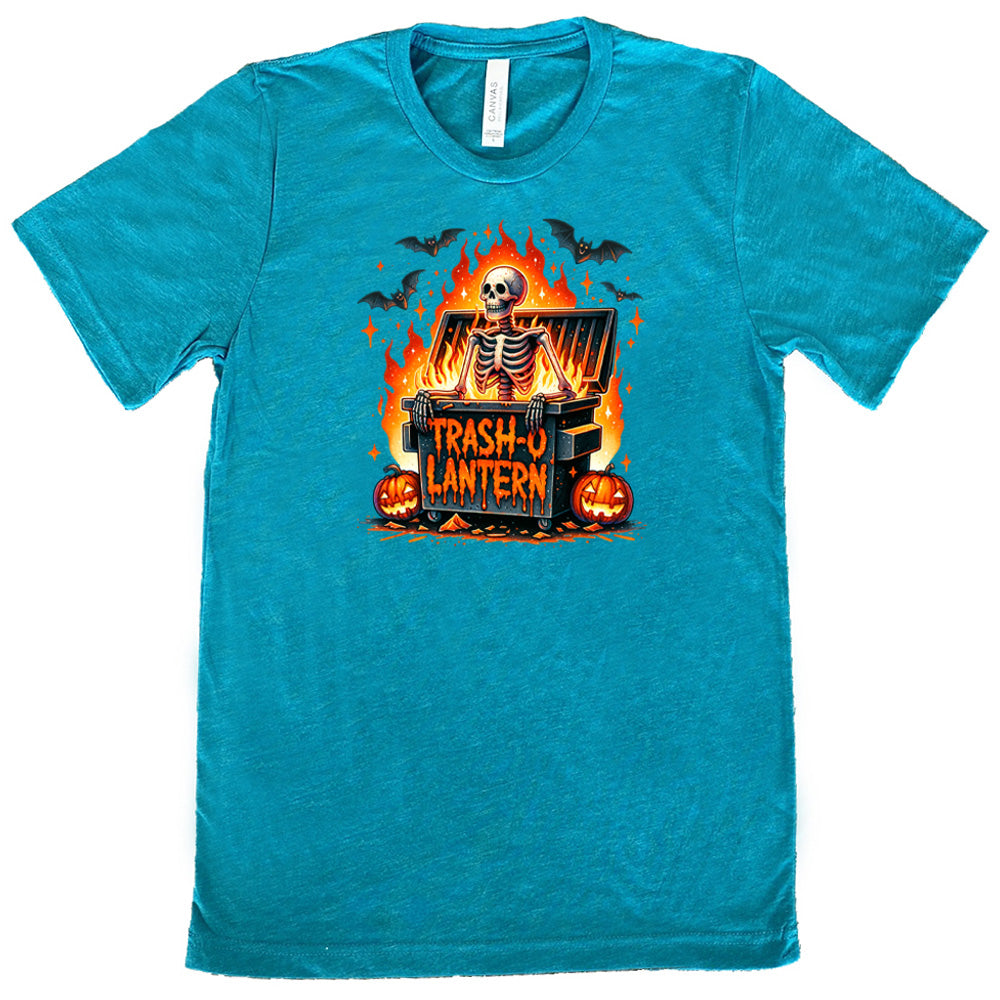 teal shirt with a skeleton graphic and the quote "trash-o lantern" on it