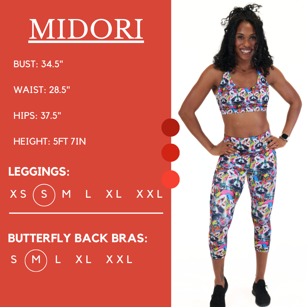 Model’s measurements of 34.5” bust, 28.5” waist, 37.5” hips and height of 5 ft 7 inches. She is wearing a size small in our leggings