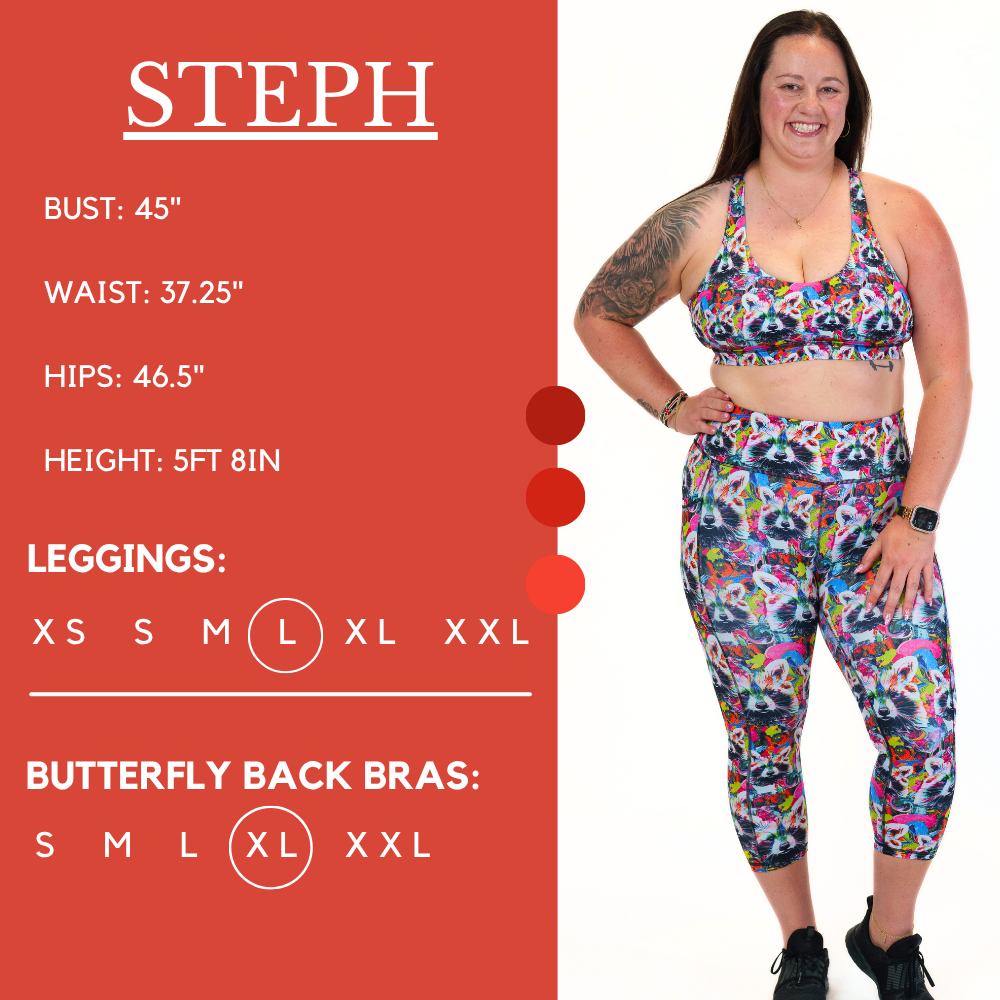 Model’s measurements of 44” bust, 37” waist, 46” hips and height of 5 ft 8 inches. She is wearing a size large in our leggings
