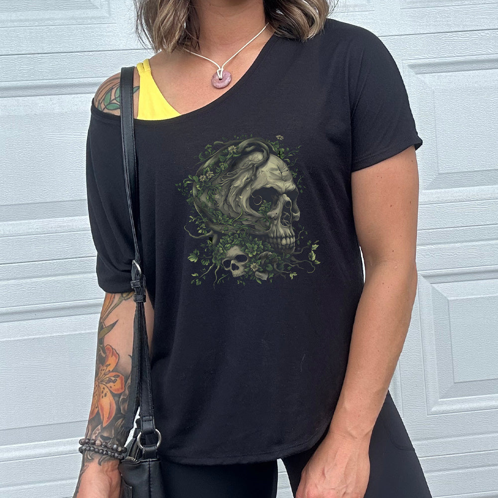 black shirt with a tree skull graphic in the middle
